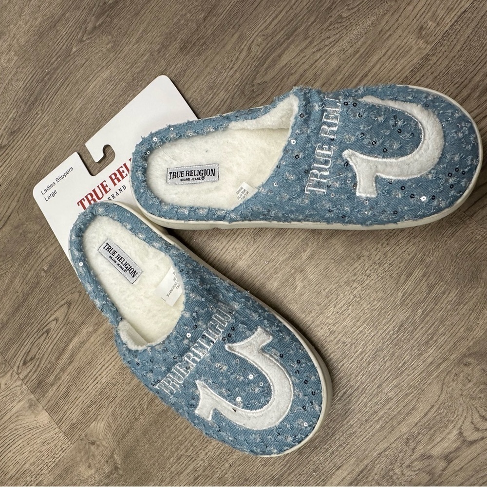 New True Religion Blue Sequin Women's Slippers - Picture 3 of 5
